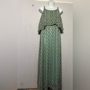 Faded Glory Green Boho Print Maxi Dress Women's Size L Sleeveless Ruffle Overlay